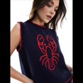 thumbnail image 4 of Suéter Sin Mangas con Estampado Gráfico Y2K para Mujer, Jersey de Langosta, Cuello Redondo, Ligero, de Punto, para Otoño. Azul Oscuro XL, 4 of 8
