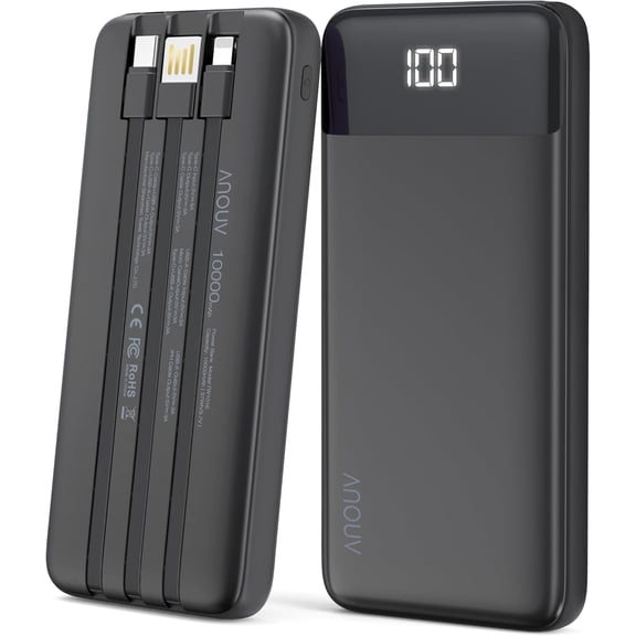 Portable Charger Power Bank w/Built-in Cables 10000mAh LED Display, Black