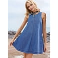 thumbnail image 6 of Women'S Sleeveless Denim Babydoll Mini Dress Summer Casual Cutout Back A-Line Flowy Jean Dress with Pockets Dark Blue L, 6 of 8