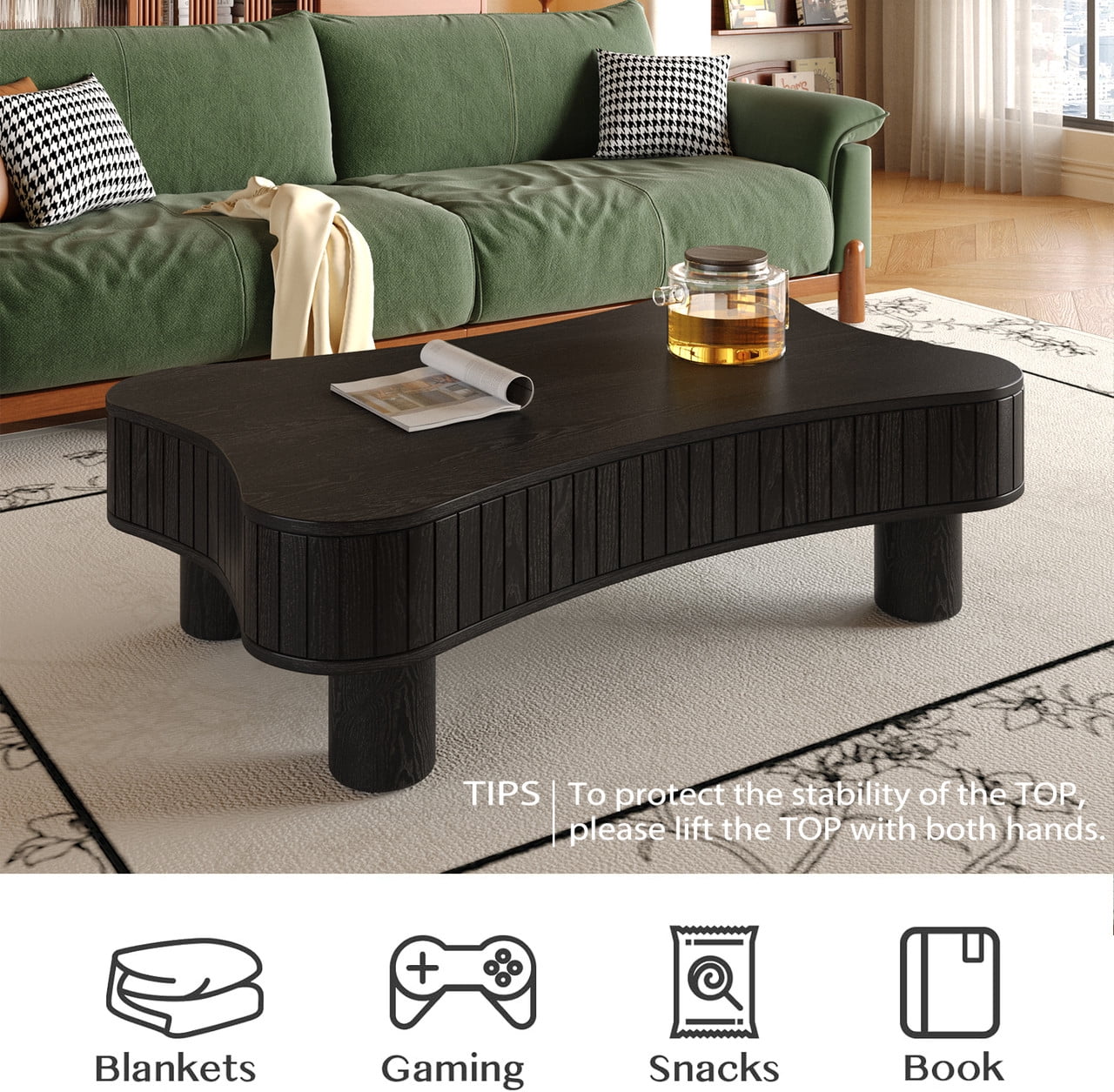 42" Lift Top Coffee Table with Hidden Storage, Fluted Panel Center Table with Hydraulic Lift, Rounded Corners, Wood Living Room Coffee Table for Small Spaces, Black