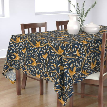 

Cotton Sateen Tablecloth 70 Square - Winter Leaves Floral Berries Birds Gold Navy Print Custom Table Linens by Spoonflower