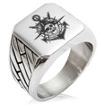 thumbnail image 1 of Stainless Steel Jolly Roger Pirate Skull Anchor Geometric Pattern Biker Style Polished Ring, 1 of 1