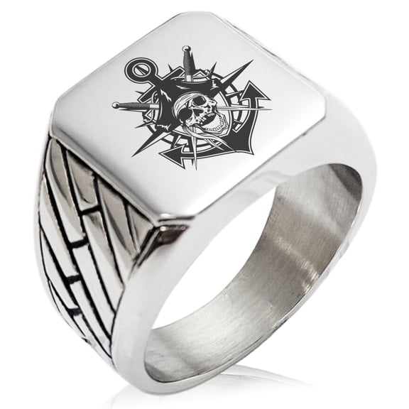 Stainless Steel Jolly Roger Pirate Skull Anchor Geometric Pattern Biker Style Polished Ring