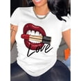 thumbnail image 1 of Lipstick & Lips Print Crew Neck T-Shirt, Casual Short Sleeve T-Shirt For Spring & Summer, Women's Clothing, 1 of 6