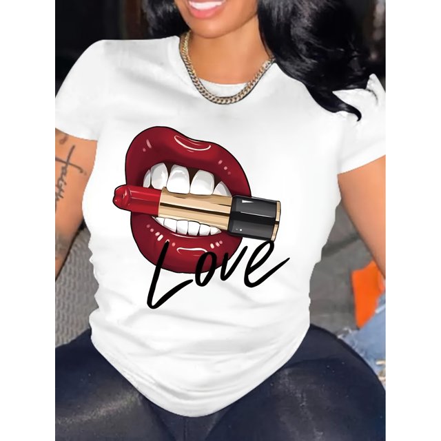 Lipstick & Lips Print Crew Neck T-Shirt, Casual Short Sleeve T-Shirt For Spring & Summer, Women's Clothing