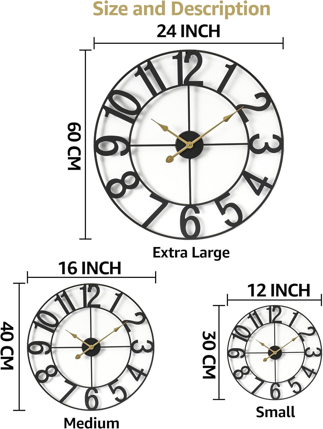 Sorbus Large Metal Numerical Wall Clock for Living Room Decor (Black, 24" Diameter)