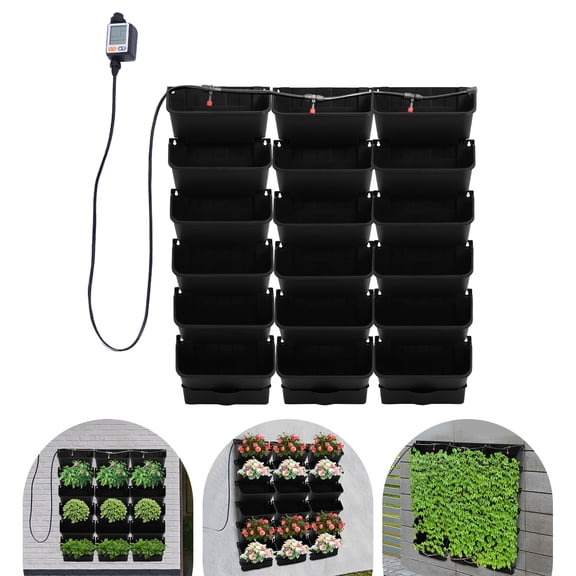 ToppiJoy Black 18 Pots Vertical Garden Wall Planter, Self-Watering Vertical Plant Wall Mounted Flower Pots with Timer Drain Hose,