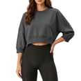 thumbnail image 2 of SEROYE Women's 3/4 Sleeve Crop Sweatshirts Hoodless Crew Neck Lightweight Loose Pullover Casual Sport Short Tops (S, Dark Gray), 2 of 8