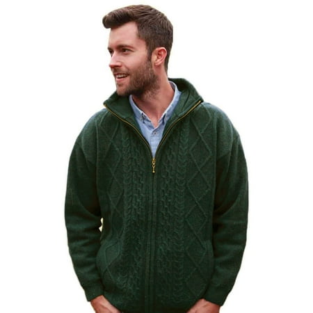 Tie Front Wool Sweater - Traditional Irish Wool Sweater for Men, Full Zip, Front Pockets, Green, Smal