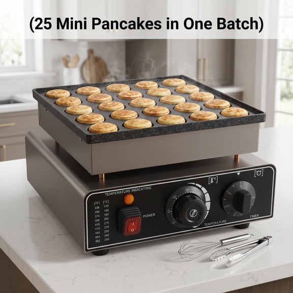 Poffertjes Grill 25 Holes 1000W Fast Heating, Dutch Mini Pancake Griddle Non-Stick Surface Easy Clean, Electric Poffertjes Pan 8.8lbs Lightweight for Breakfast Coffee Shop Party.