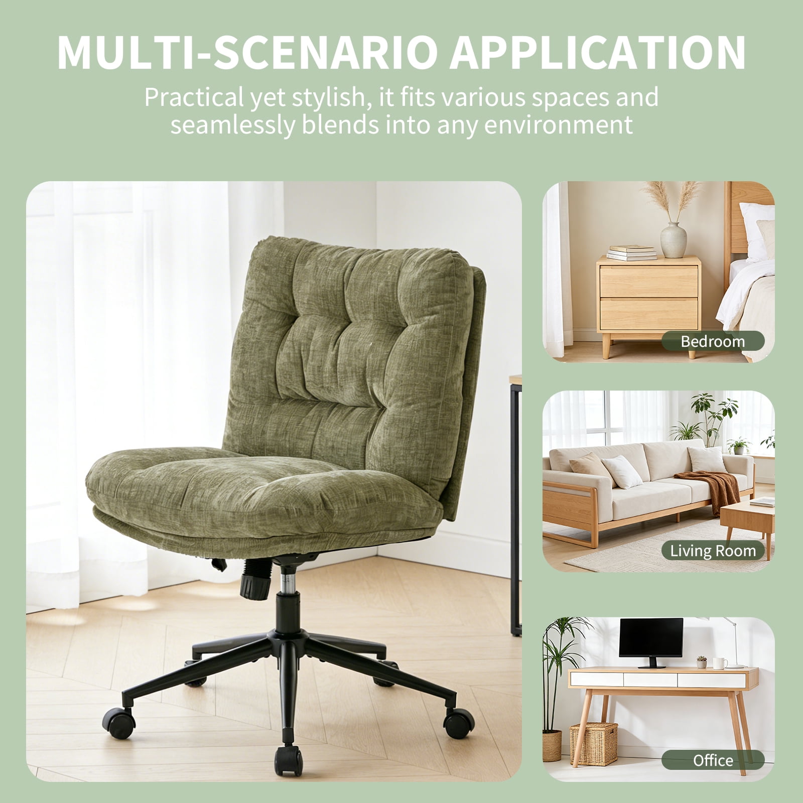 Soft Chenille Cross-Legged Office Chair, Wide Seat Armless Desk Chair with Double Cushion, Swivel Adjustable Vanity Chair for Bedroom, Home Office, Green,EliteEdge