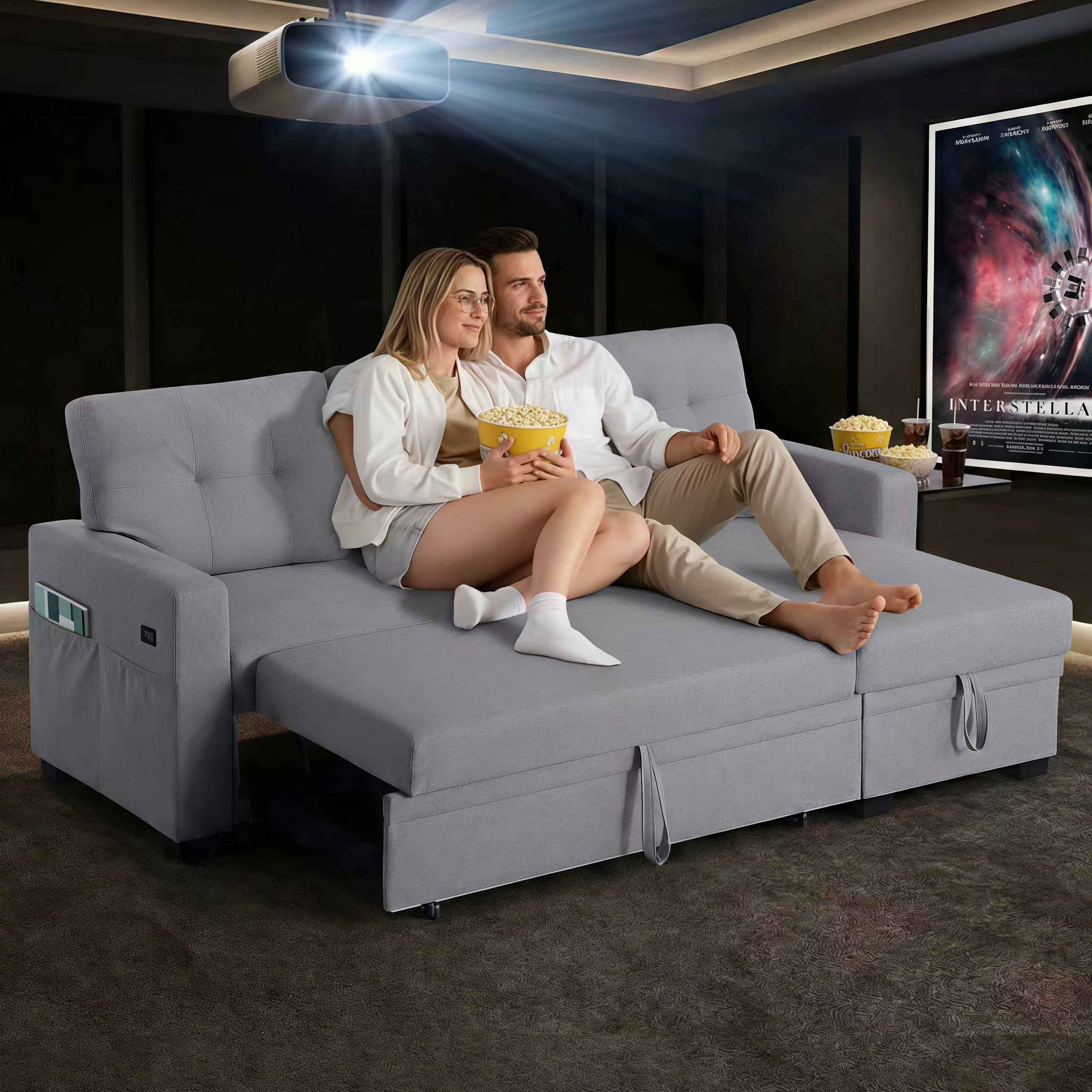 ShiKeyi 82" L Shaped Sleeper Sofa Bed, Sectional Sleeper Couch with Pull Out Bed, 3 Seat Convertible Sofa Bed with Storage Chaise, USB Charging Ports for Living Room, Light Gray Linen Fabric