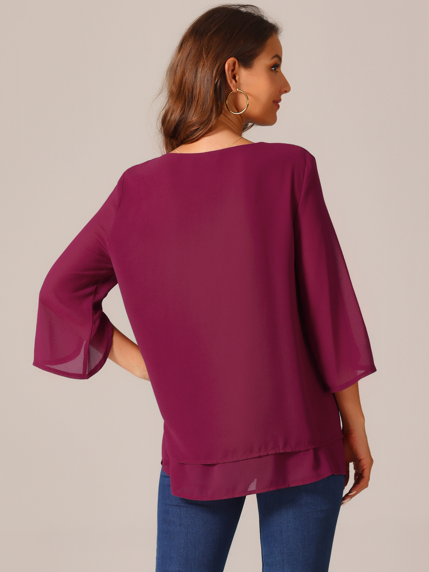 DARING DIVA Women's 3/4 Sleeve Chiffon Casual Crew Neck Blouses XL Wine Red