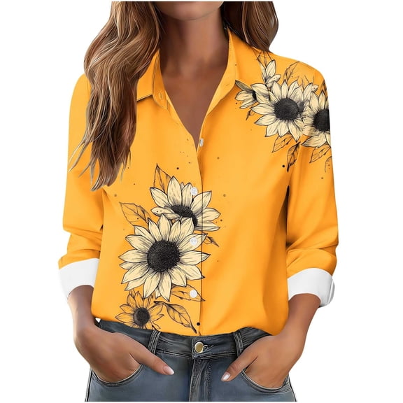 Abomasnow Button Down Shirts for Women Dressy Casual Floral Printed Long Sleeve Blouse Business Work Tops S-2XL
