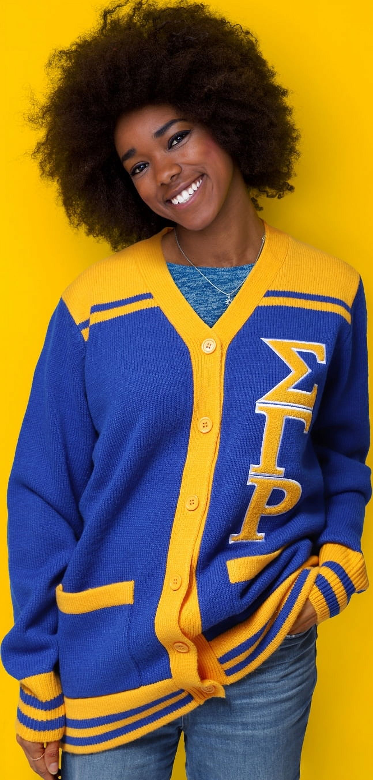 Sigma Gamma Rho Sorority V-Neck Sweater - Royal Blue With Chenille Shield & Embroidered Logo