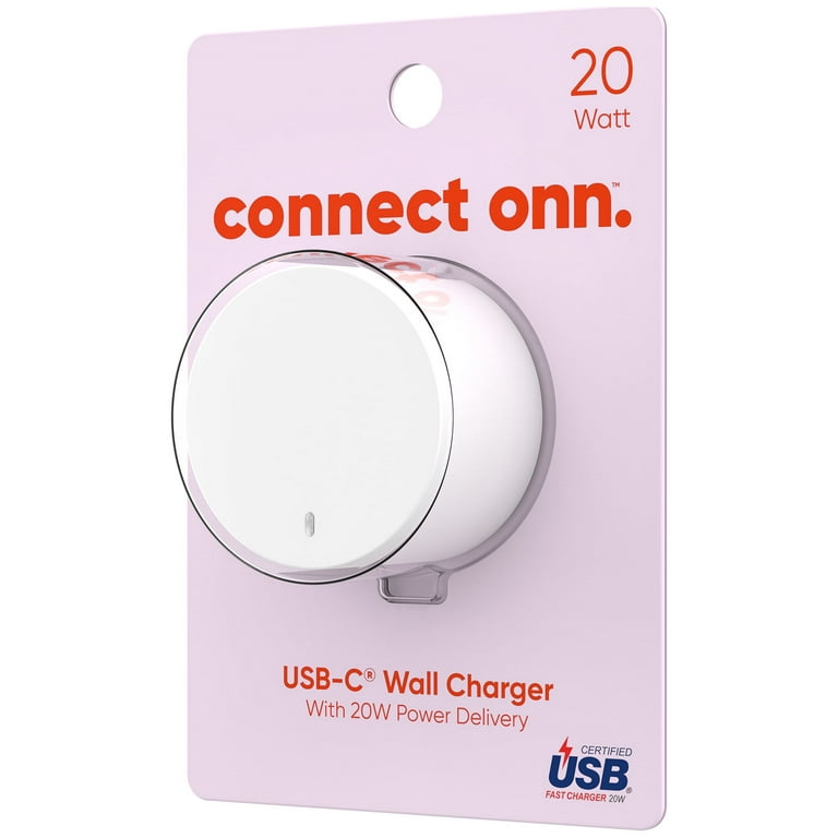 onn. 20W USB-C Wall Charger with Power Delivery, White 