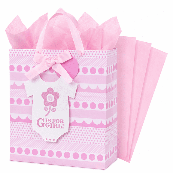 Large Girl Gift Bag with Tissue Paper, Pink Shower Gift Bag with Handles and Gift Tag, Newborn Gift Wrapping Bag for First Birthday Party, 13 x 10.47 x 5.75 Inches