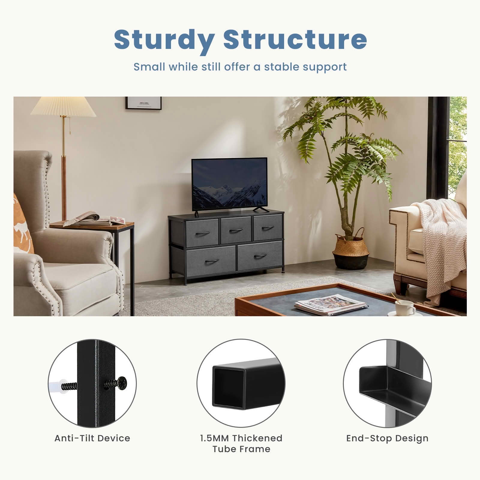 MAYEERTY 5-Drawer Tall Fabric Storage Tower Dresser with Wooden Top, Steel Frame Organizer Cabinet for Nursery Bedroom Closet Entryway