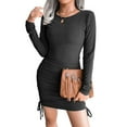 thumbnail image 2 of Liacowi Women Rib Knitted Drawstring Bodycon Mini Dress Fall Casual Slim Fit Long Sleeve Crew Neck Pleated Dress, 2 of 5