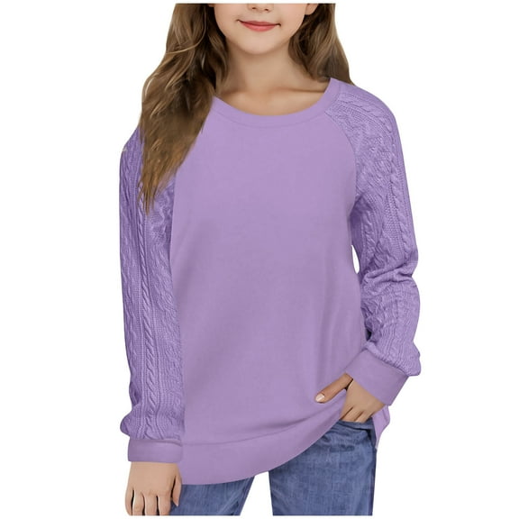 Jalioing Girls Casual Long Sleeve T Shirt Fashion Solid Round Neck Pullover Tee Kids Fall Loose Shirt 4-12 Years