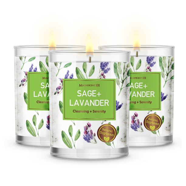 Magnificent 101 Sage and Lavender Set of 3 Aromatherapy Candles 10.5oz