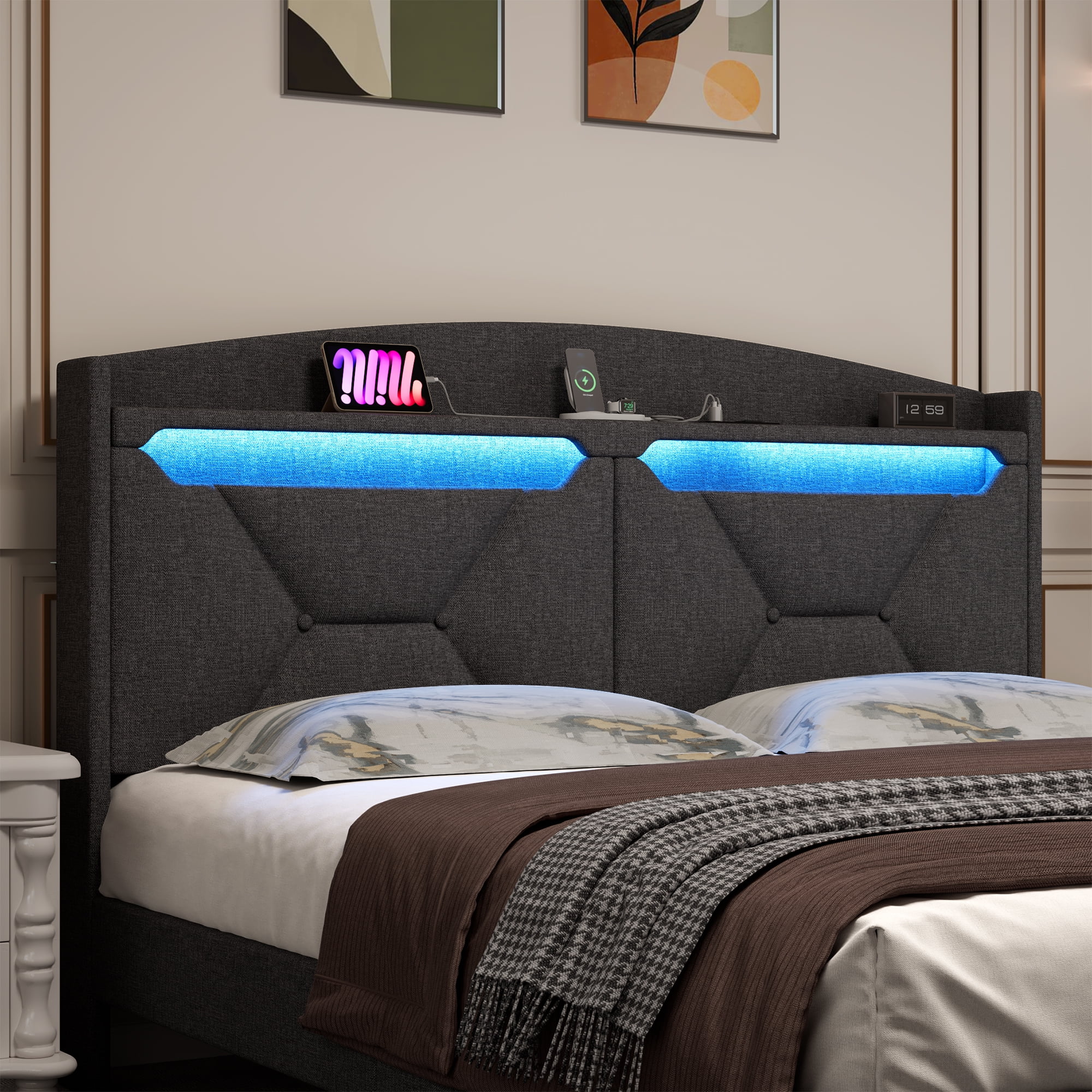 Miniyam Queen Size Upholstered Bed with RGB Headboard, Drawers, USB Ports, Type-C for Adult, Gray