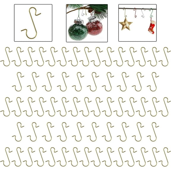 100pcs Ornament Hooks Hangers Mini Christmas Decor Hanging Metal Wire S-Shaped Hooks for Xmas Tree Festive Holiday Party Balls Wreath DIY Decoration Gold