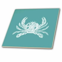 3dRose, White crab etched teal turquoise aqua blue - nautical beach sea ocean, 12 Inch Ceramic Tile