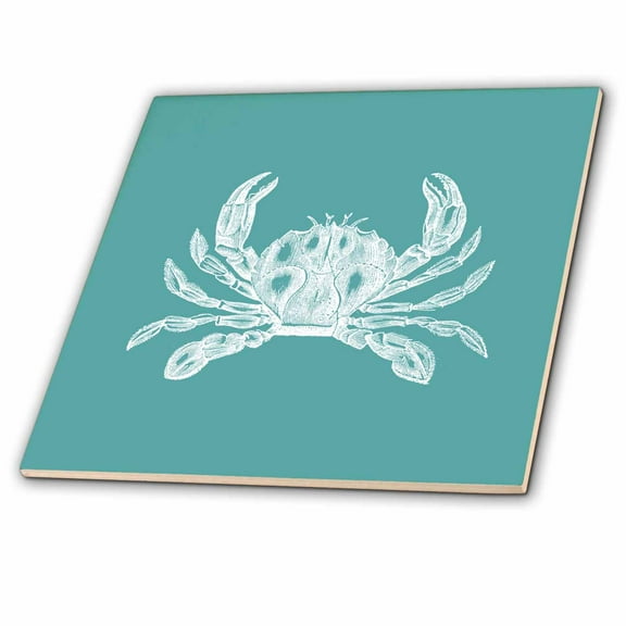 3dRose, White crab etched teal turquoise aqua blue - nautical beach sea ocean, 12 Inch Ceramic Tile