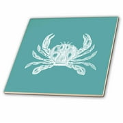 3dRose White crab etched teal turquoise aqua blue - nautical beach sea ocean - Ceramic Tile, 12-inch