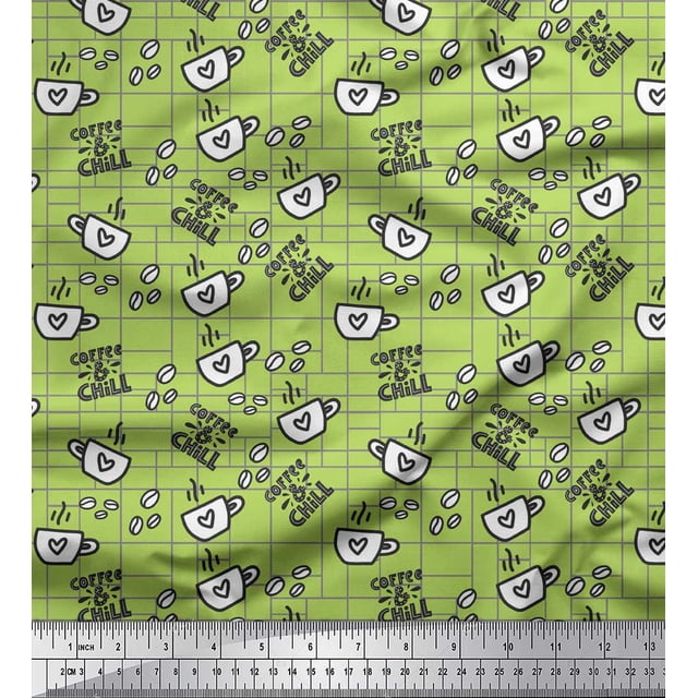 Soimoi Green Heavy Canvas Fabric Coffee & CHill Text Fabric Prints By Yard 58 Inch Wide