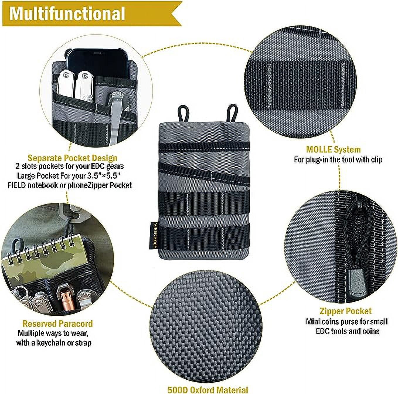 VIPERADE VE3 Tool Pouch Pocket Organizer, Nylon Tool Belt Loop Pouch with 4 Pockets Tool Storage EDC Pouch for Flashlight/Pocket Knife, Tactical Pen, Notebook (Grey)
