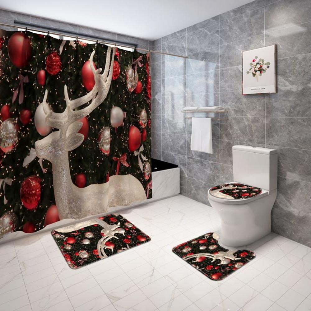Details about   Xmas Tree & Shopping Cart Shower Curtain Set Bath Toilet Pad Cover Bath Mat Set 