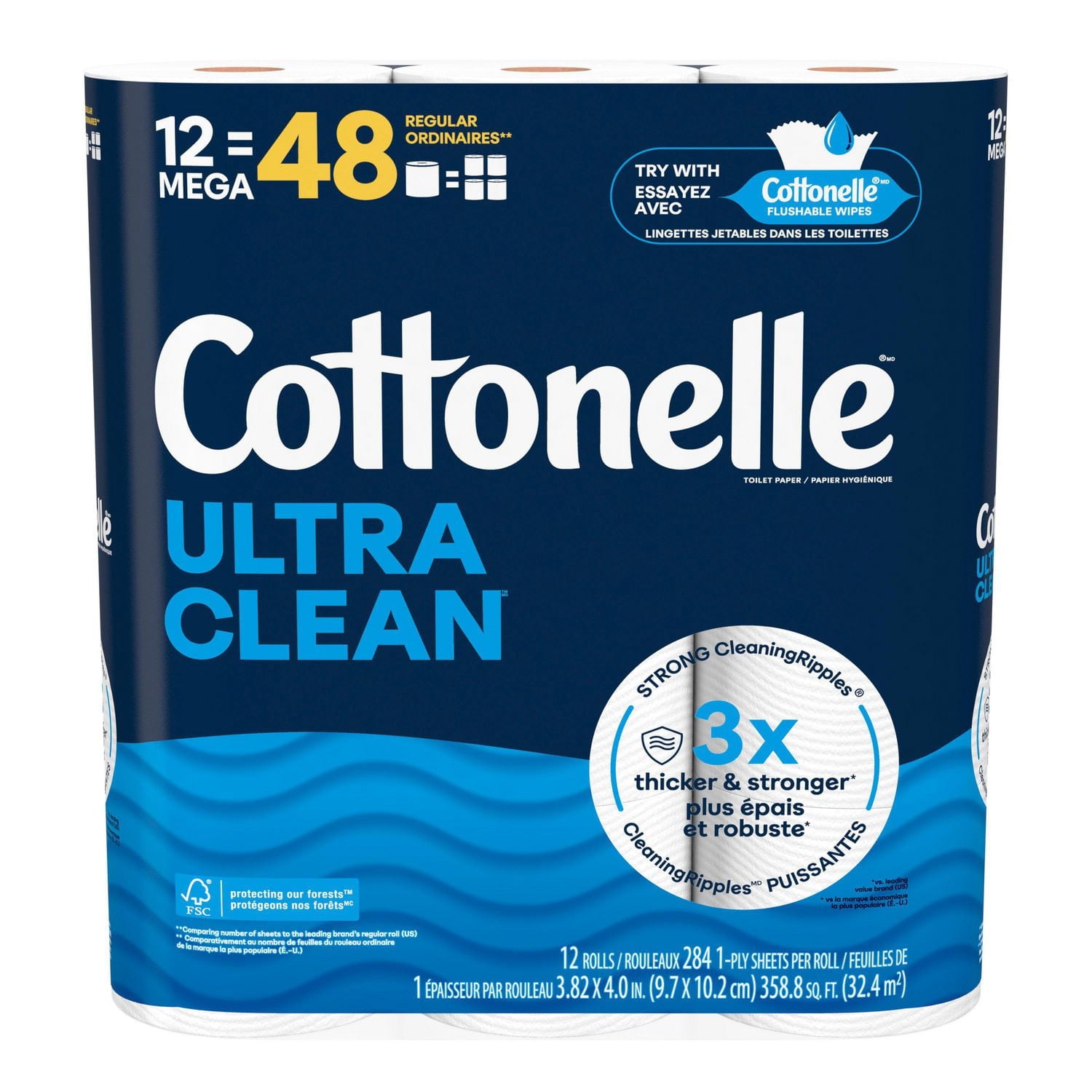 Cottonelle Ultra Clean Toilet Paper, 12 Mega Rolls, 284 Sheets per Roll