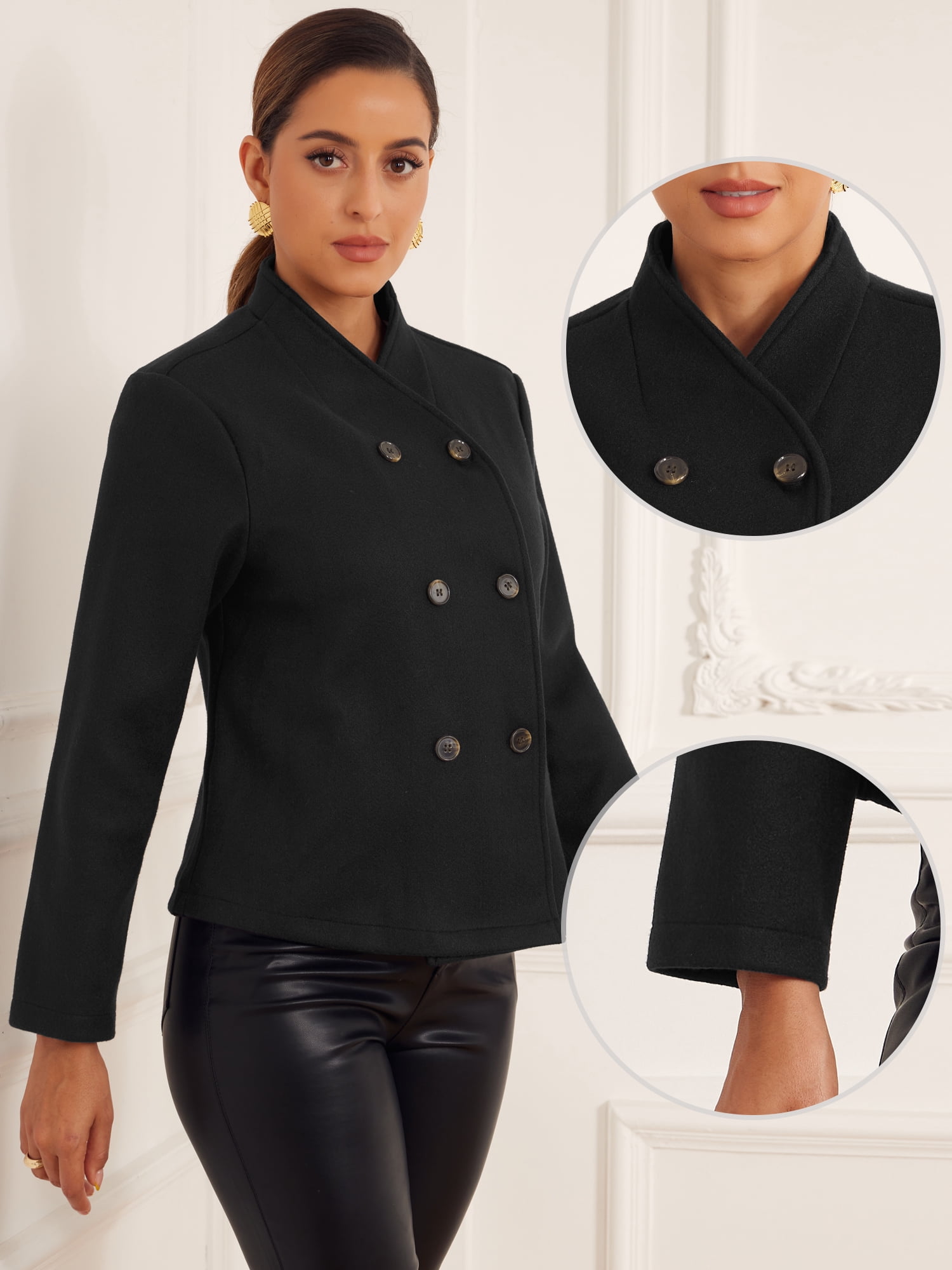 DARING DIVA Women's Winter Pea Coat Stand Collar Cropped Double Breasted Jacket L Black