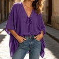 thumbnail image 4 of Babysbule Women V Neck Tie Front Batwing 3/4 Sleeve Oversized Loose Casual Top for Summer Vacation Daily Outfits, 4 of 9