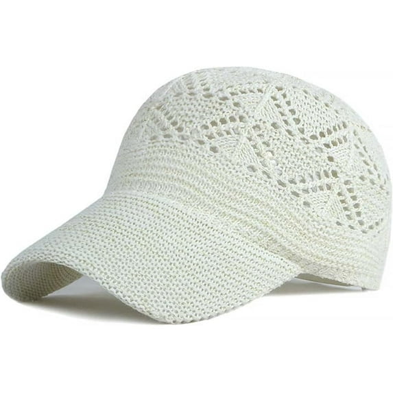 Xiao Hua Gorra de béisbol plegable de punto con flores de ganchillo, ligera y hueca, para mujer, 1 pieza, color blanco