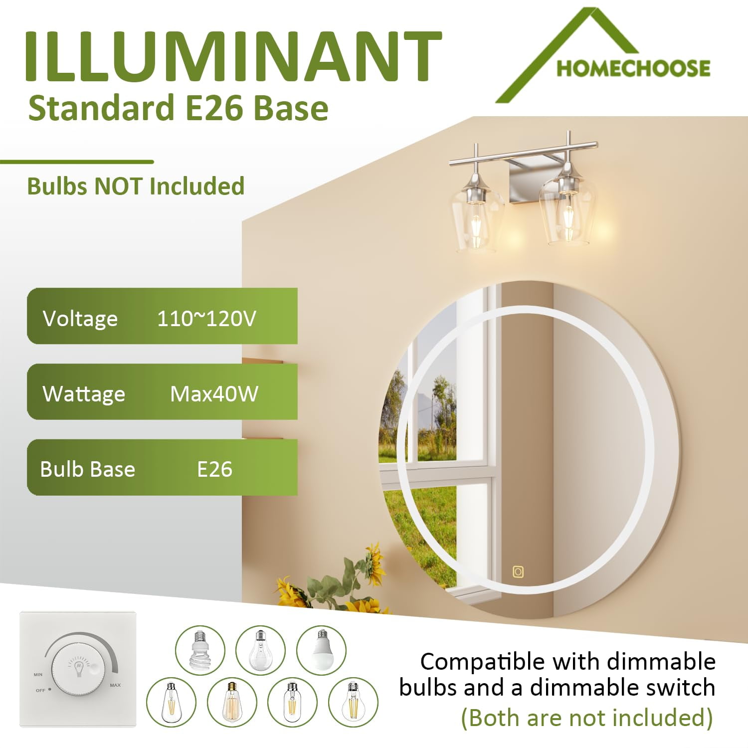 Homechoose Bathroom Light Fixtures,2-Light Bathroom Vanity Light Fixtures,Clear Glass Shade,Bathroom Lights Over Mirror,Brushed Nickel Vanity Lights for Bathroom,Wall Light Fixtures for Bathroom