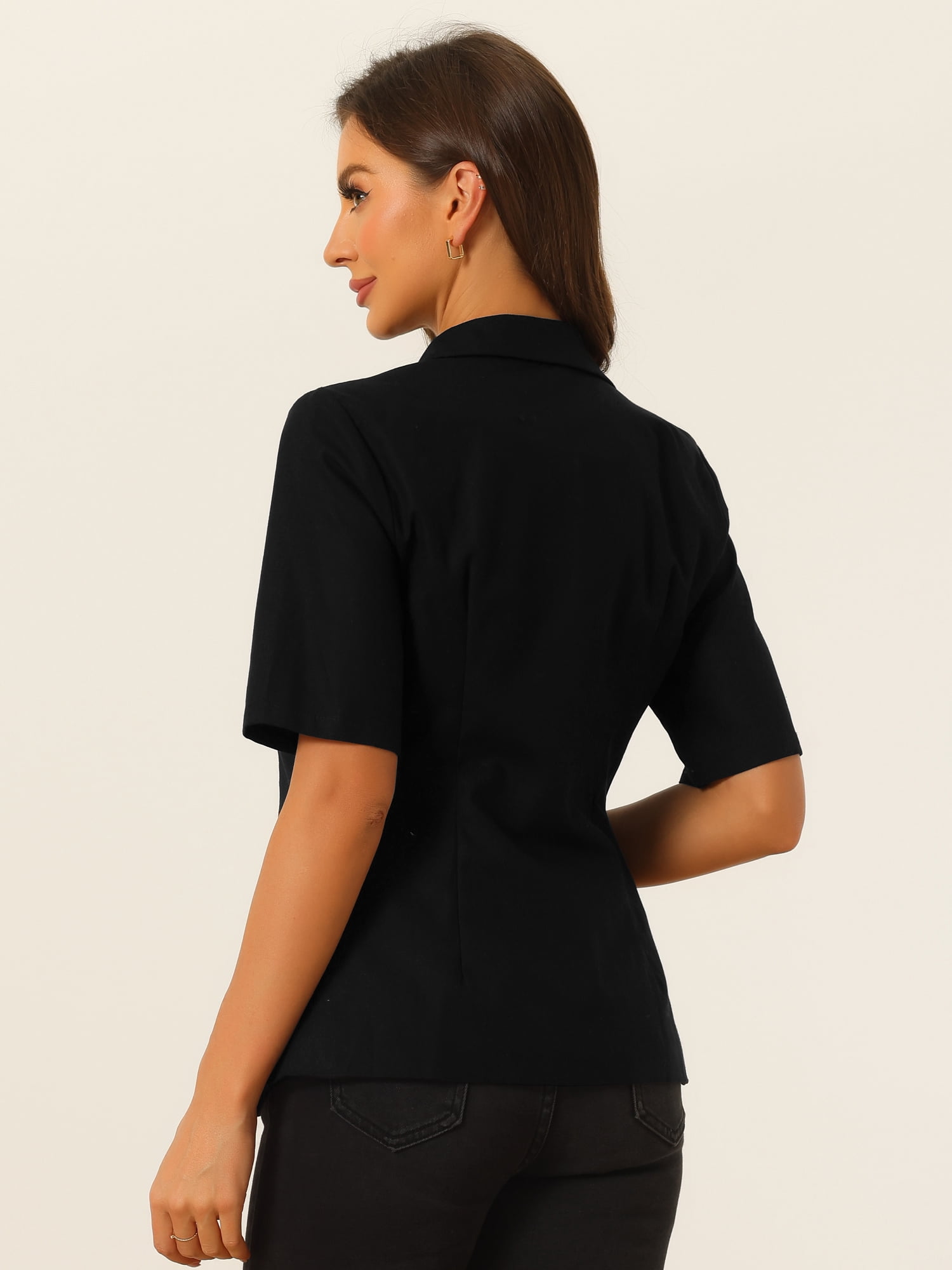 DARING DIVA Women's Cotton Linen Short Sleeve Blazer for Work Office L Black