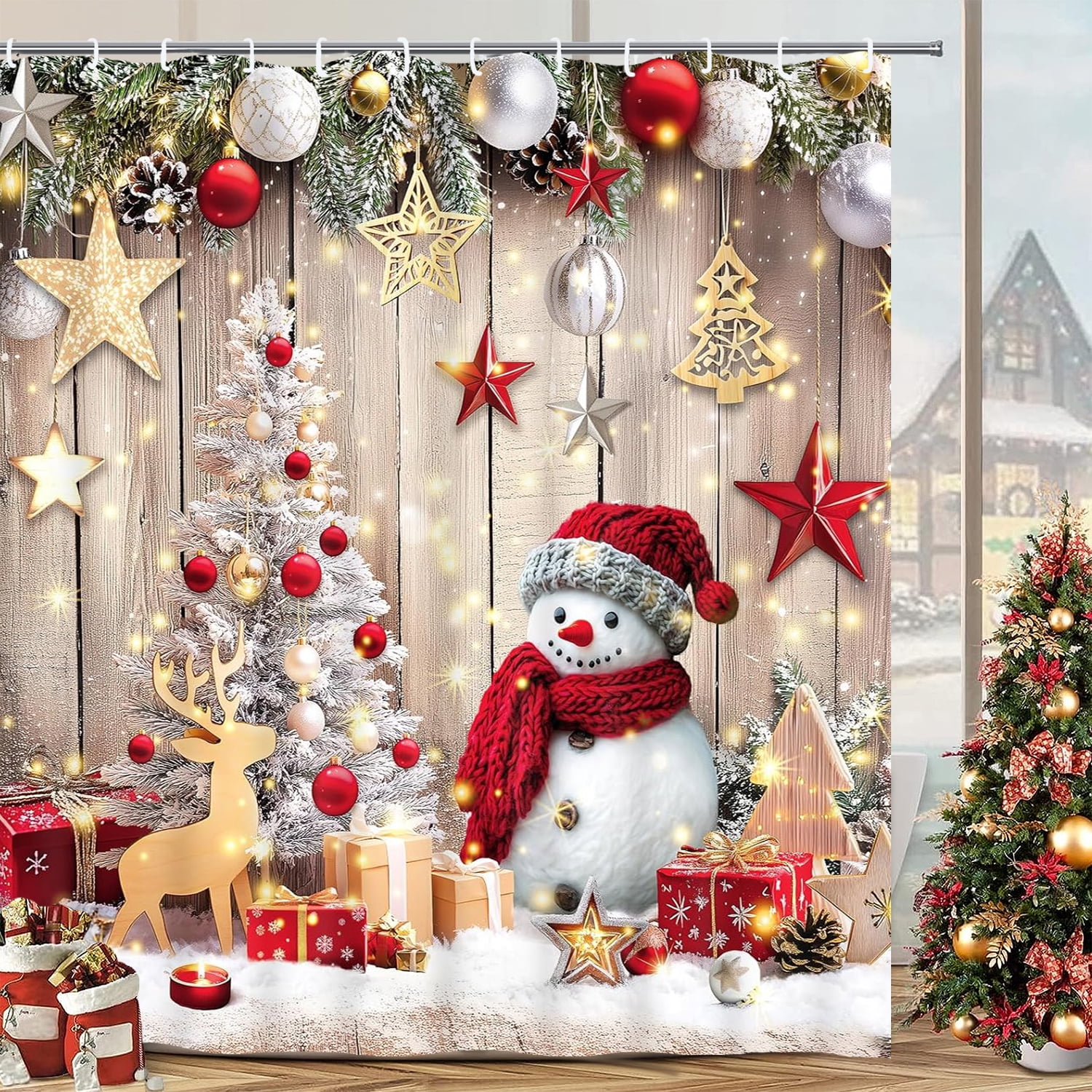 FRAMICS Christmas Snowman Shower Curtain Sets with Rugs, 16 Pc Xmas Tree Wood Barn Door Bathroom Sets, Rustic Winter Waterproof Fabric Bathroom Decor with Hooks