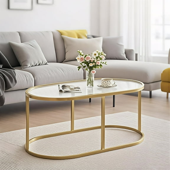 Coffee Table Gold Glass Coffee Table for Living Room, Oval Table Center Table with Ribbed Glass Top and Sturdy Metal Frame,Modern Glass Accent Tables for Bedroom Home Office