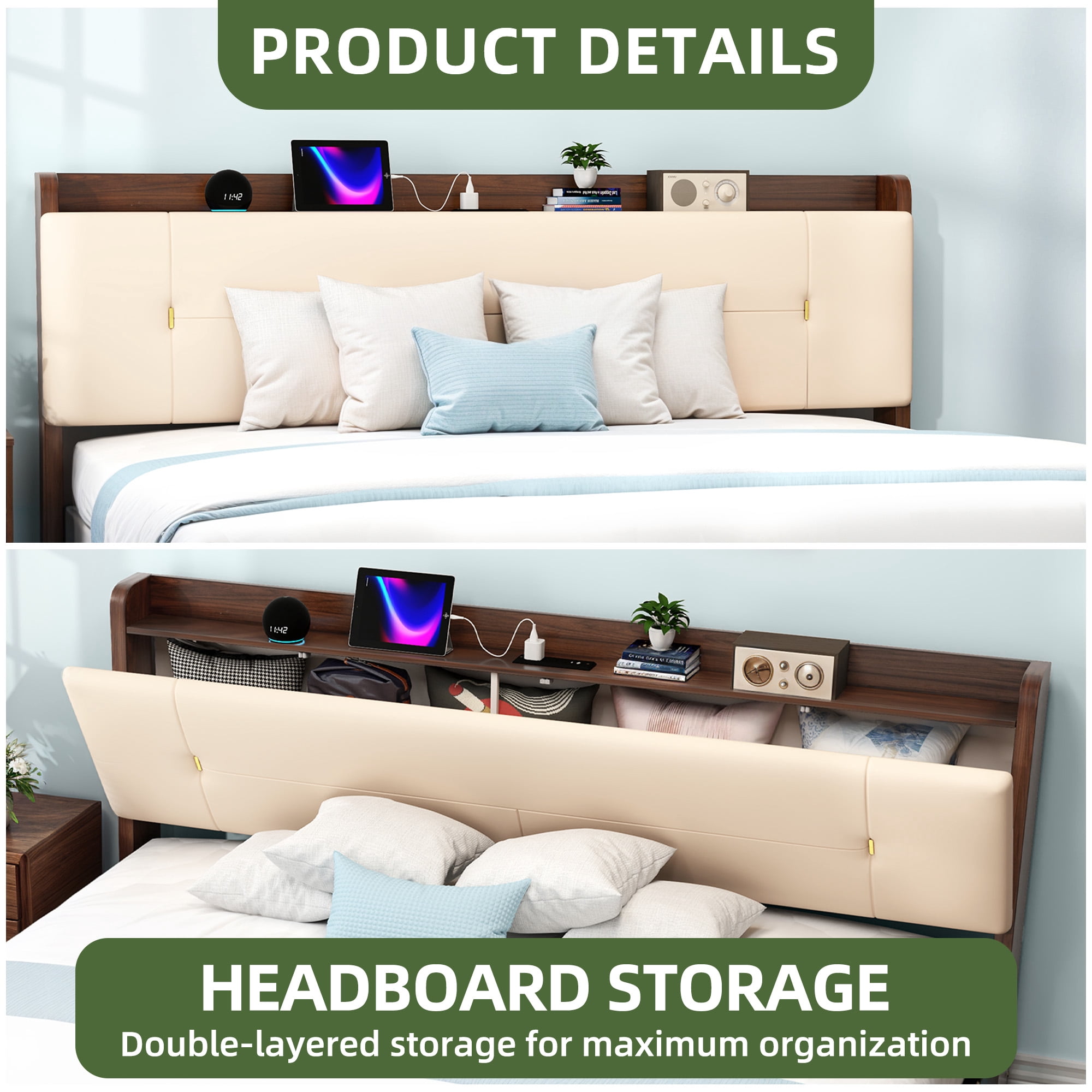 Uforic Beige Faux Leather King Bed Frame with LED Lights & Charhing Ports, Storage
