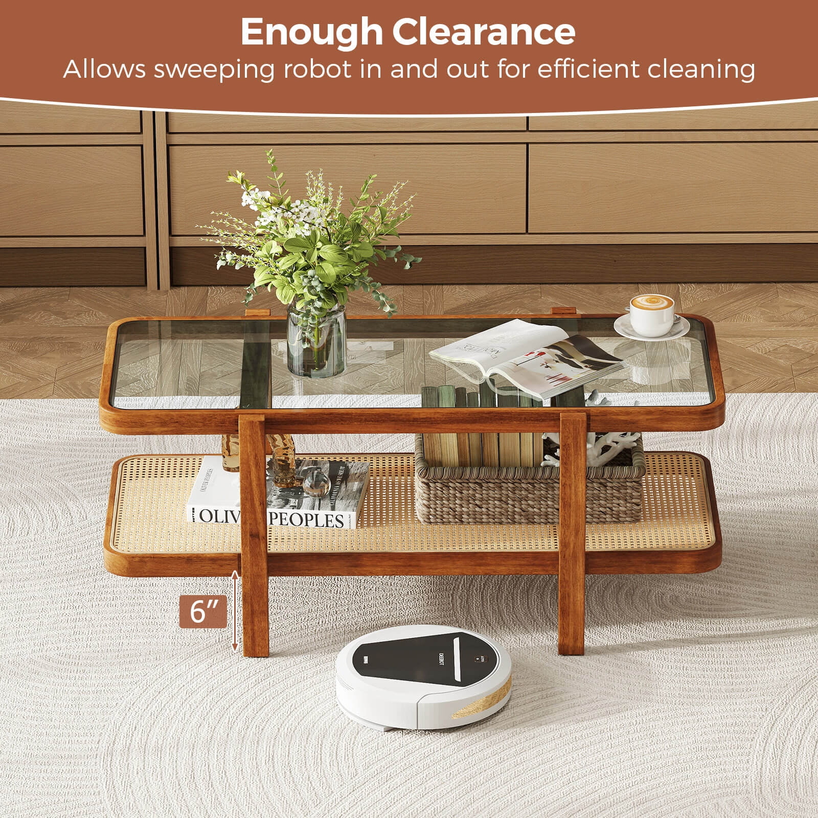 Costway 2-Tier Rustic Coffee Table with Storage Tempered Glass Tabletop PE Rattan Shelf Brown