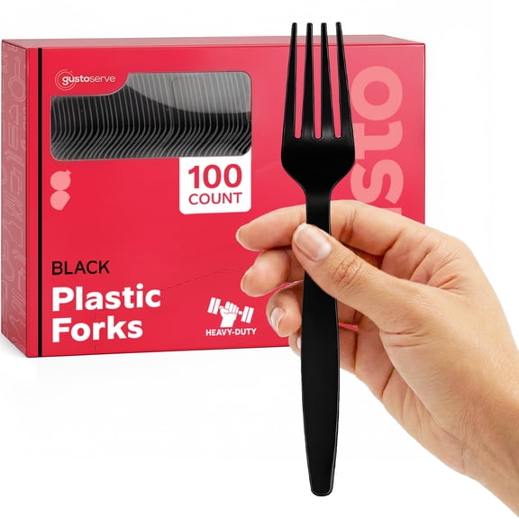 GUSTO Basic Plastic Forks Heavy Duty Disposable Cutlery, Black 100-Pack