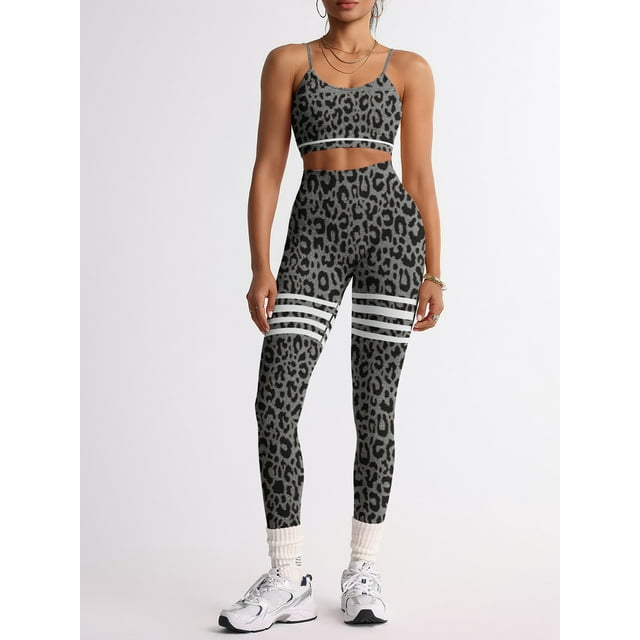 Targeted Middle east Spring, Summer, autumn and Winter New Bra and Leggings Set, 2-in-1 with Built-in Cup Pad, Casual 9/4 Length Tights, Leopard Print Seamless Comfortable Slim Fit outfit