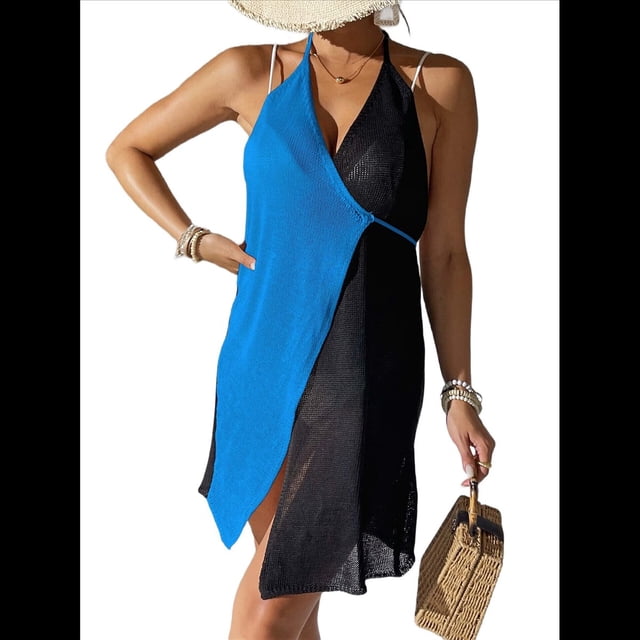Vestido Tipo Halter para Mujer, con Escote en V, Lazo y Espalda Descubierta, con Encaje en Contraste, Sin Mangas, Color Azul , Talla Única