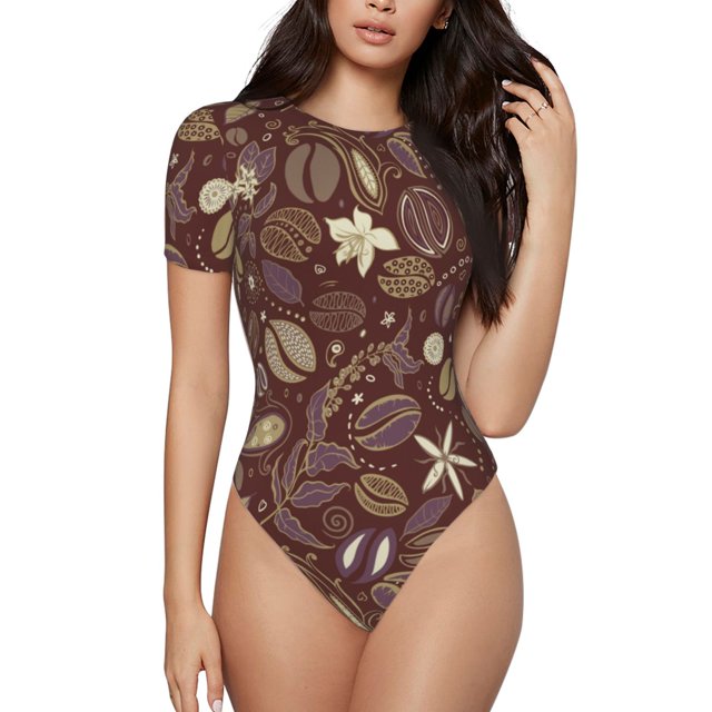 Fotbe Coffee and Flowers Body de Mujer con Cuello Redondo y Mangas Cortas, Sin Mangas Ajustado, Suave, Cómodo y Básico-Large