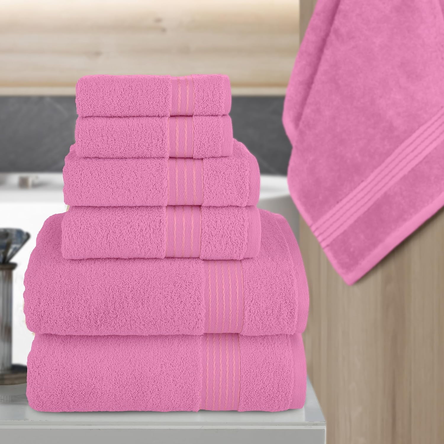 Elegant Comfort Cotton 6-Piece Towel Set, Includes 2 Washcloths, 2 Hand Towels and 2 Bath Towels, 100% Turkish Cotton - Highly Absorbent and Super Soft Towels for Bathroom, Light Pink