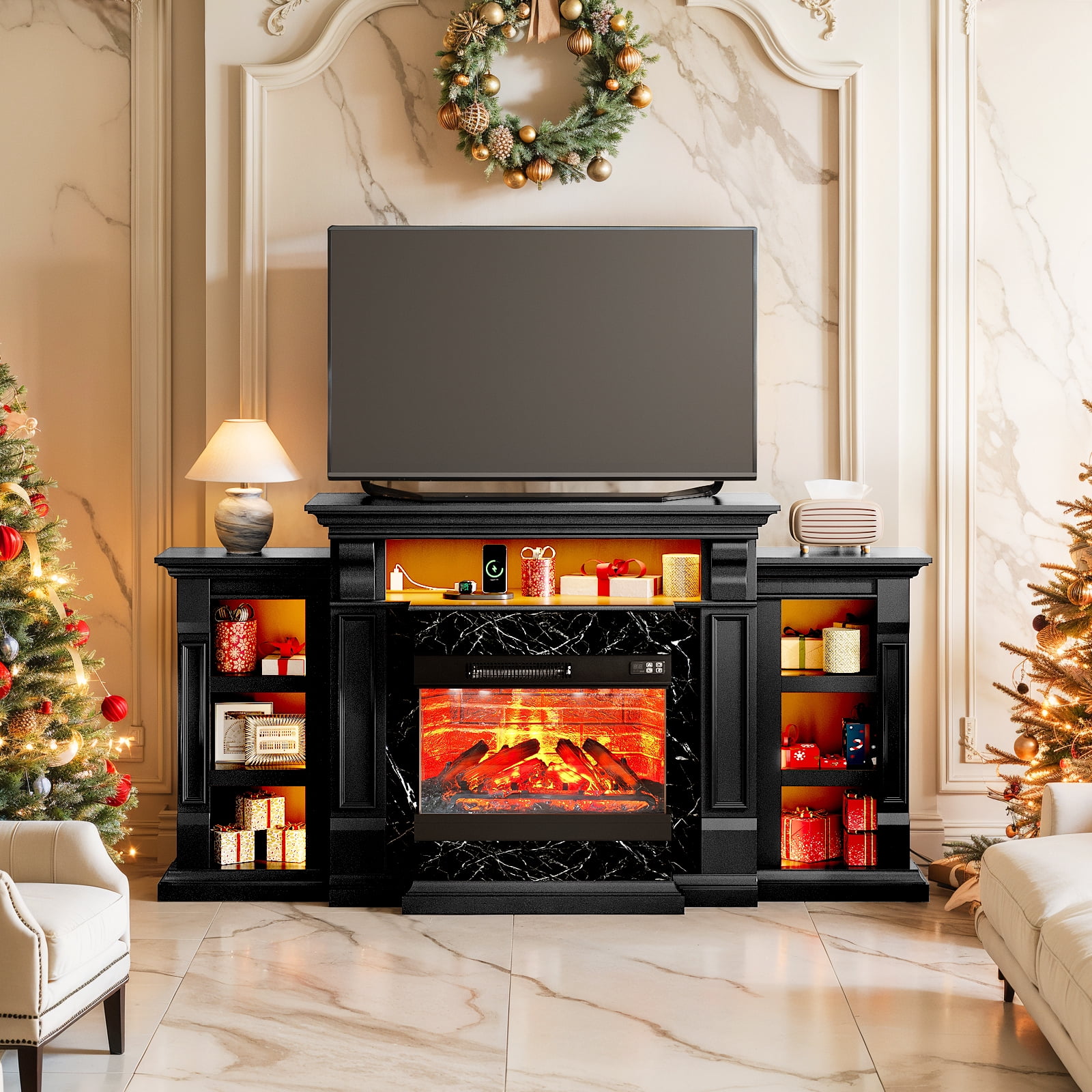 LGHM 72" Fireplace TV Stand with 3-Sided Glass Electric Fireplace & Charging Station & LED Lights for TVs up to 80", Black