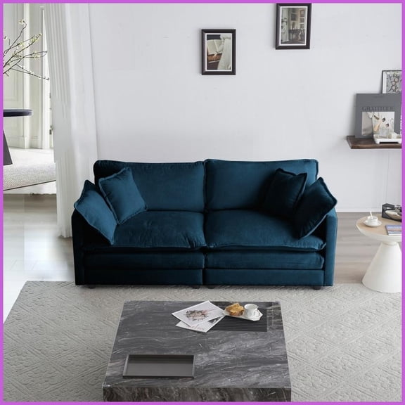 Modern Blue Chenille 2-Seat Loveseat with 4 Pillows - Deep Seat Comfort & Solid Wood Frame for Living Room